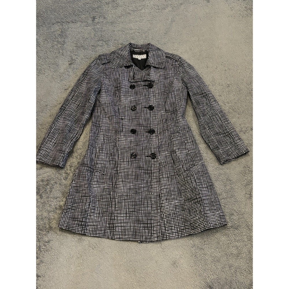 Pelle Studio Trench Coat Jacket Womens Small Black White Check Double Breasted